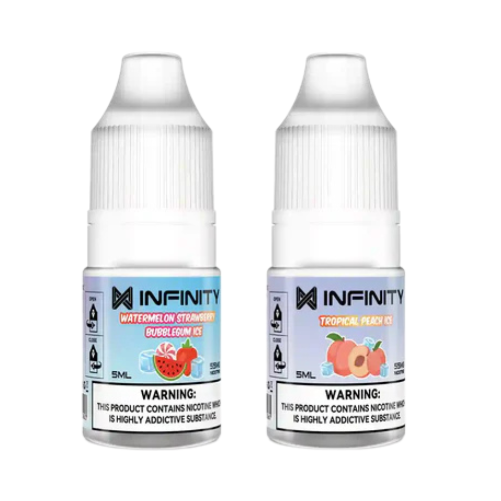Two bottles of Infinity Classic e-liquid, one labeled as Watermelon Ice and the other as Tropical Peach Ice, both with a 55mg nicotine strength indicator and a 5ml bottle size.