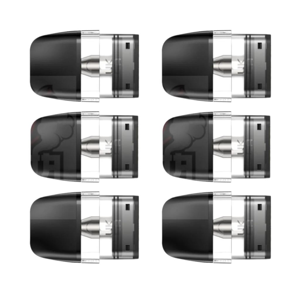 A set of six Geekvape Q replacement pod cartridges, each with a transparent section revealing the internal components and a black top.
