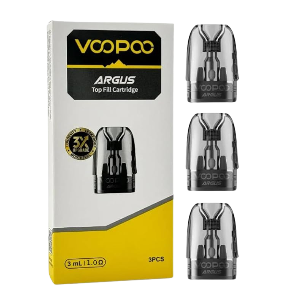 VOOPOO Argus top fill cartridge packaging with three cartridges displayed on a white background