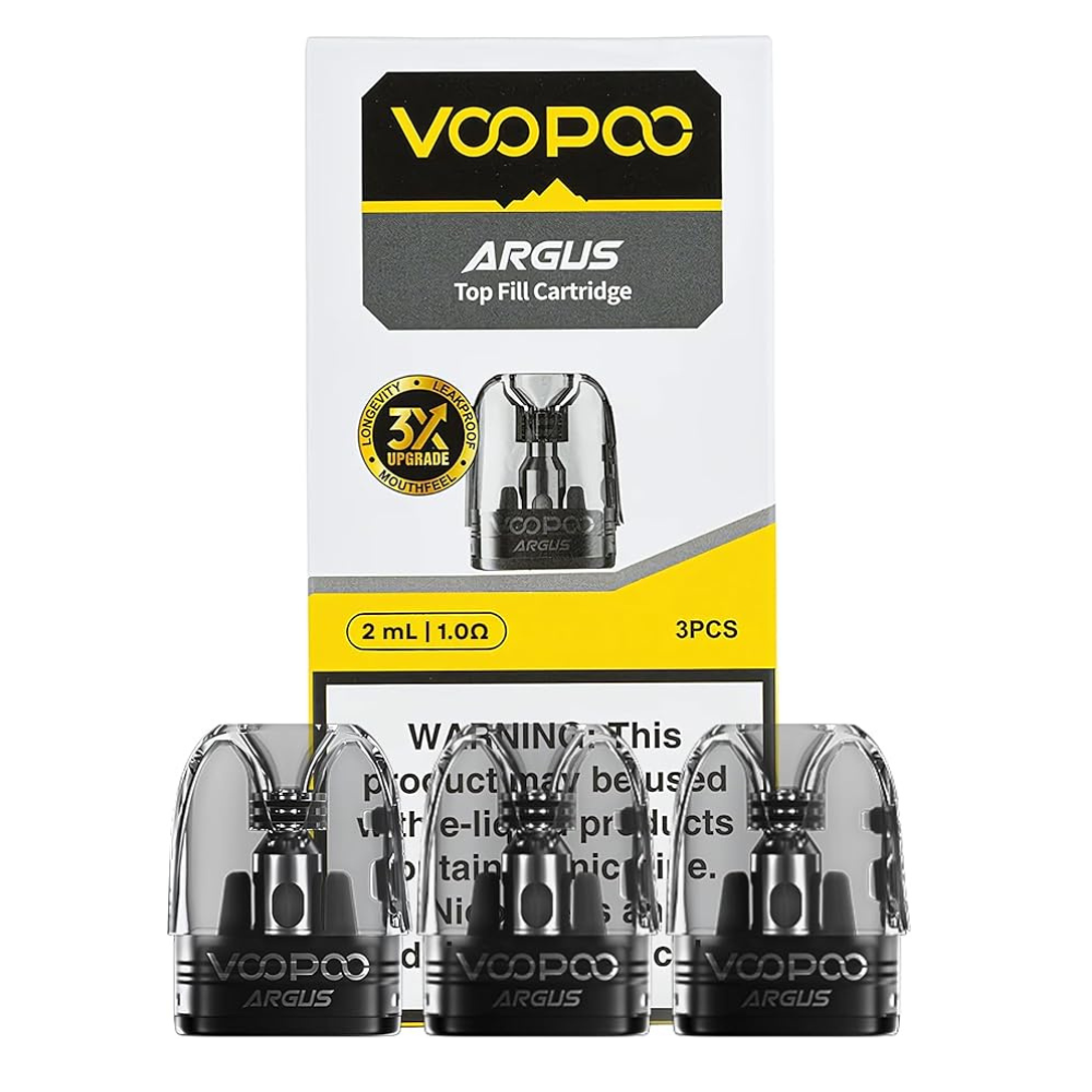 Packaging of VOOPOO ARGUS Top Fill Cartridges showing the product name, capacity, ohm, and quantity. The image also includes three individual cartridges, a warning label, and a note about the product being for mouth-to-lung vaping.
