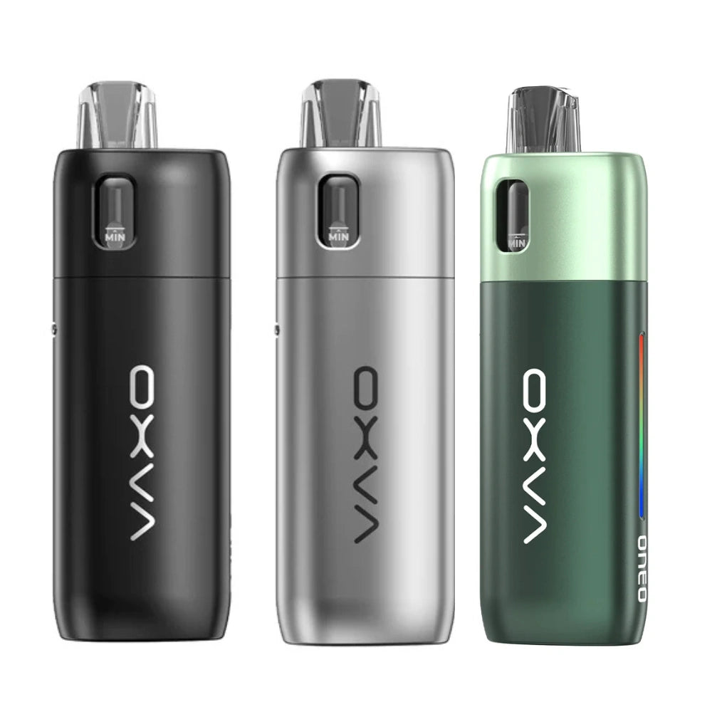 Oxva Oneo Pod Kit with sleek metallic body, transparent pod, and adjustable airflow compact pod system for smooth, flavourful vaping experience.