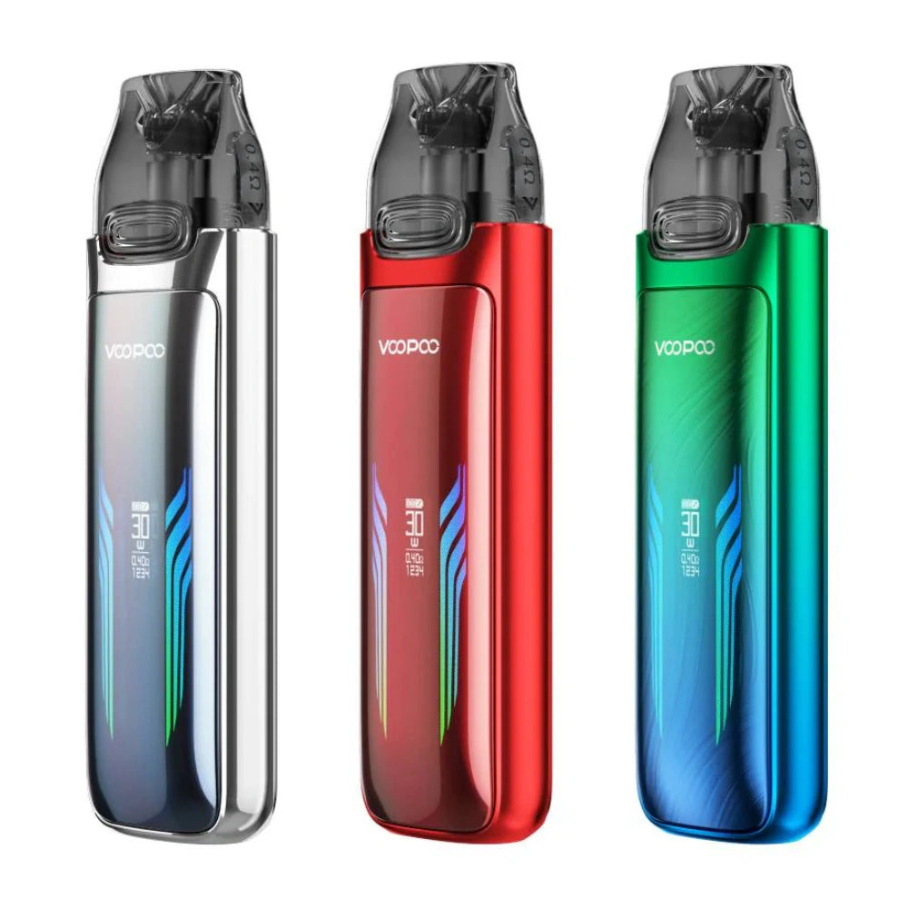 Voopoo Vmate Max Pod Kit with sleek metallic body, transparent pod, and ergonomic mouthpiece powerful pod system for smooth, flavourful vaping experience.