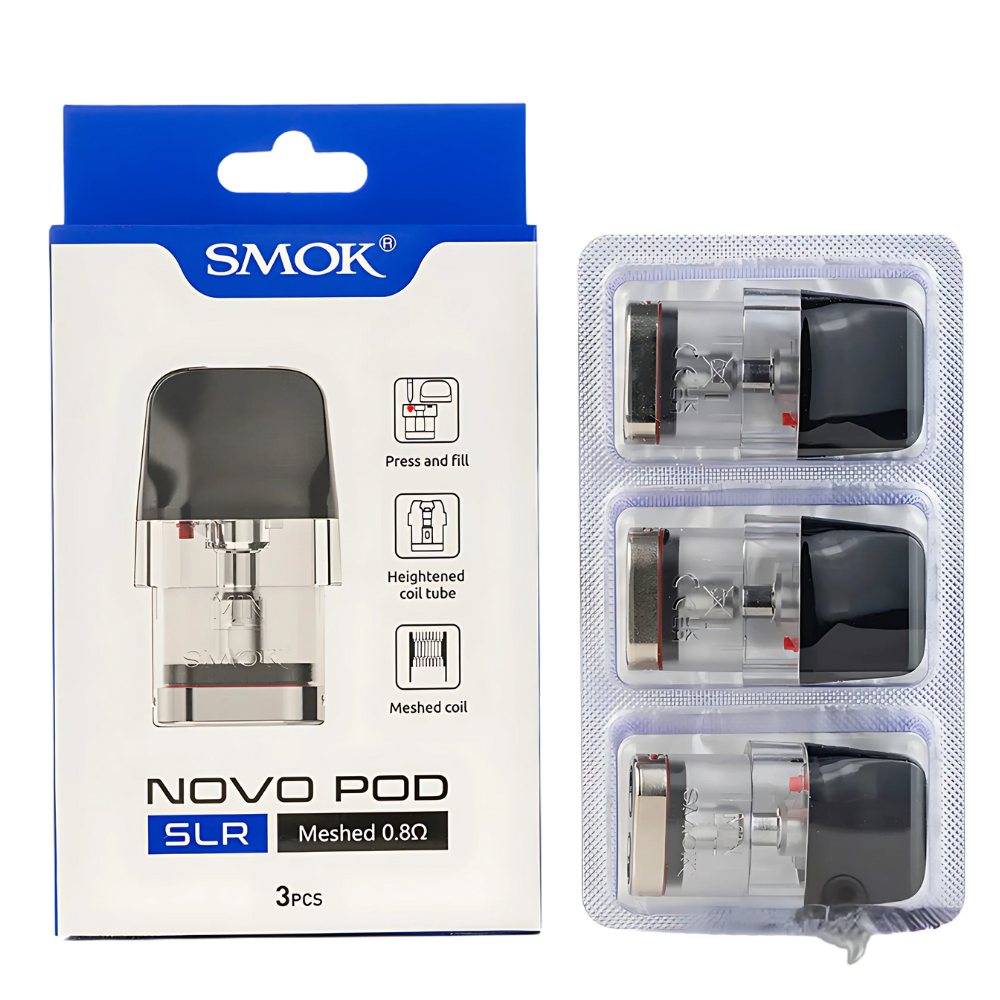 Packaging of SMOK Novo Replacement Pod Mesh 0.8 Ohm, showing one pod inside and three pods in a transparent blister pack.