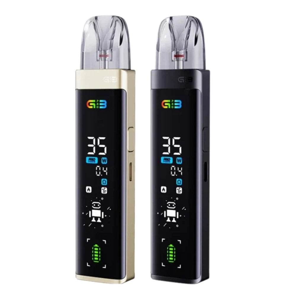 Two Uwell Caliburn G3 Pro Pod Kits in sleek black and grey colors with OLED display, round fire button, and transparent mouthpiece – premium pod kits for smooth vaping.
