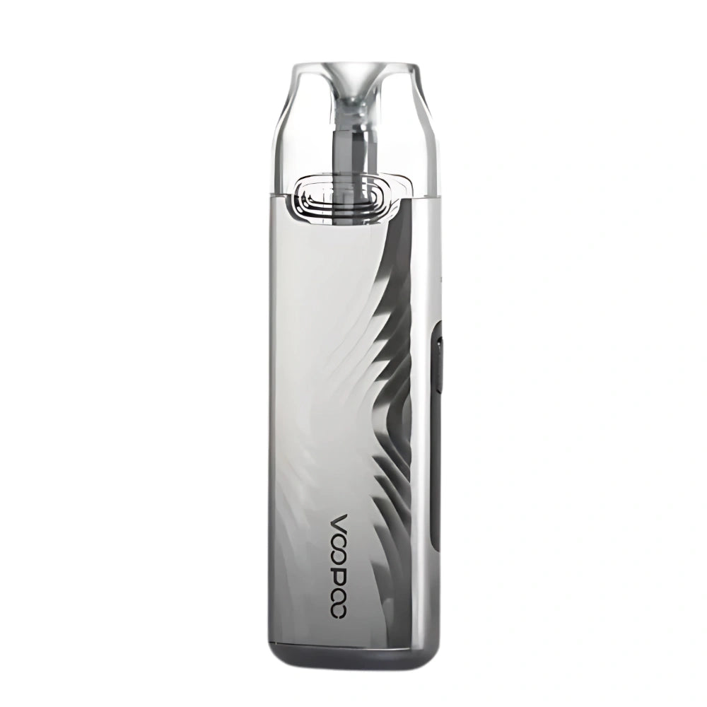 Voopoo V Thru Pro Pod Kit in Glacier Silver color with sleek, portable design and transparent mouthpiece – compact vape device ideal for smooth nicotine salt vaping