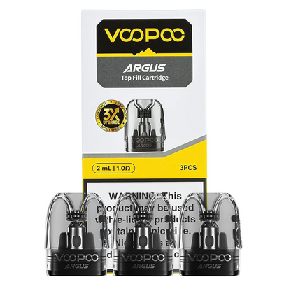 VOOPOO Argus top fill cartridge packaging with three cartridges displayed.