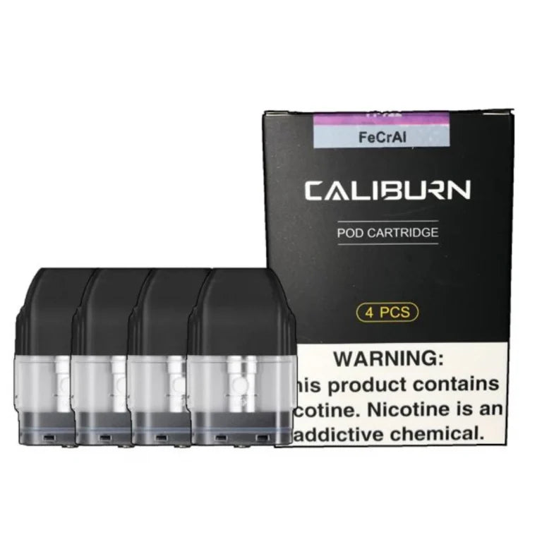 Caliburn pod cartridges with packaging on a white background