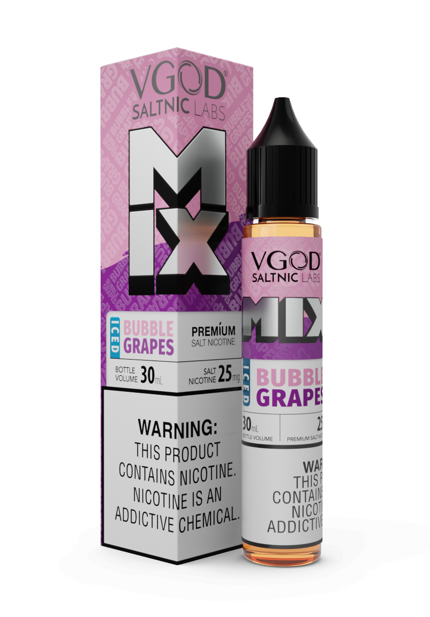 VGOD Bubbles Grapes Iced Nic Salt 30ml 50MG bottle with playful design, blending sweet grape bubblegum flavour with a cool menthol twist for a fun, refreshing vape.