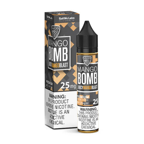 VGOD Salt Nic Mango Bomb 30ml 50mg offers an explosive burst of ripe mango flavour with smooth nicotine delivery ideal for a tropical MTL vape experience.