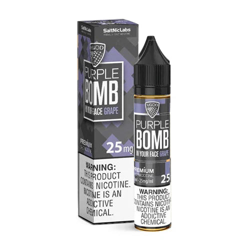 VGOD Salt Nic Purple Bomb 30ml 50mg delivers a burst of juicy grape candy flavour with a smooth throat hit  perfect for bold and flavourful MTL vaping.
