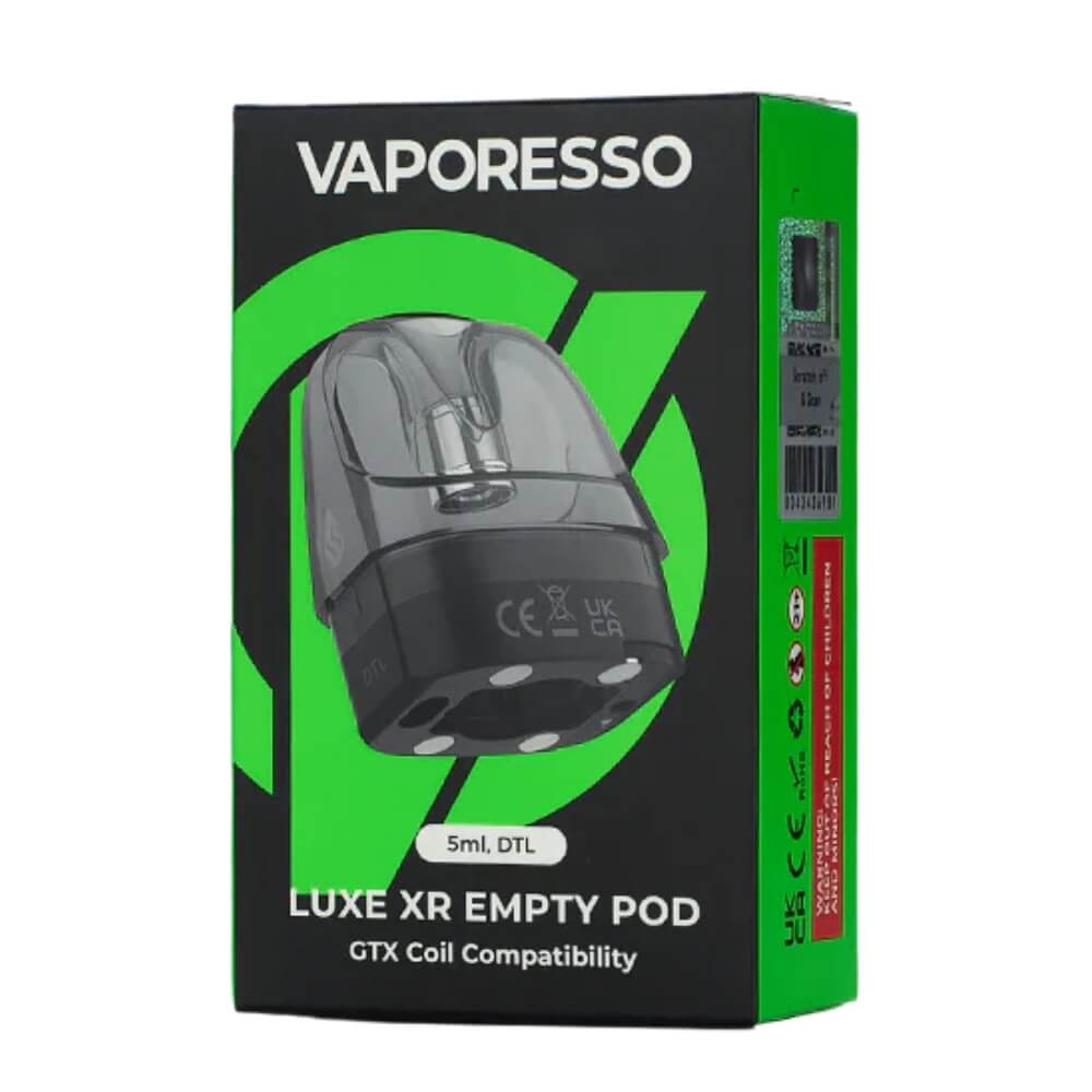 Packaging of Vaporesso Luxe XR Empty Pod with a clear window showing the pod inside, predominantly black and green color scheme with brand and product information.