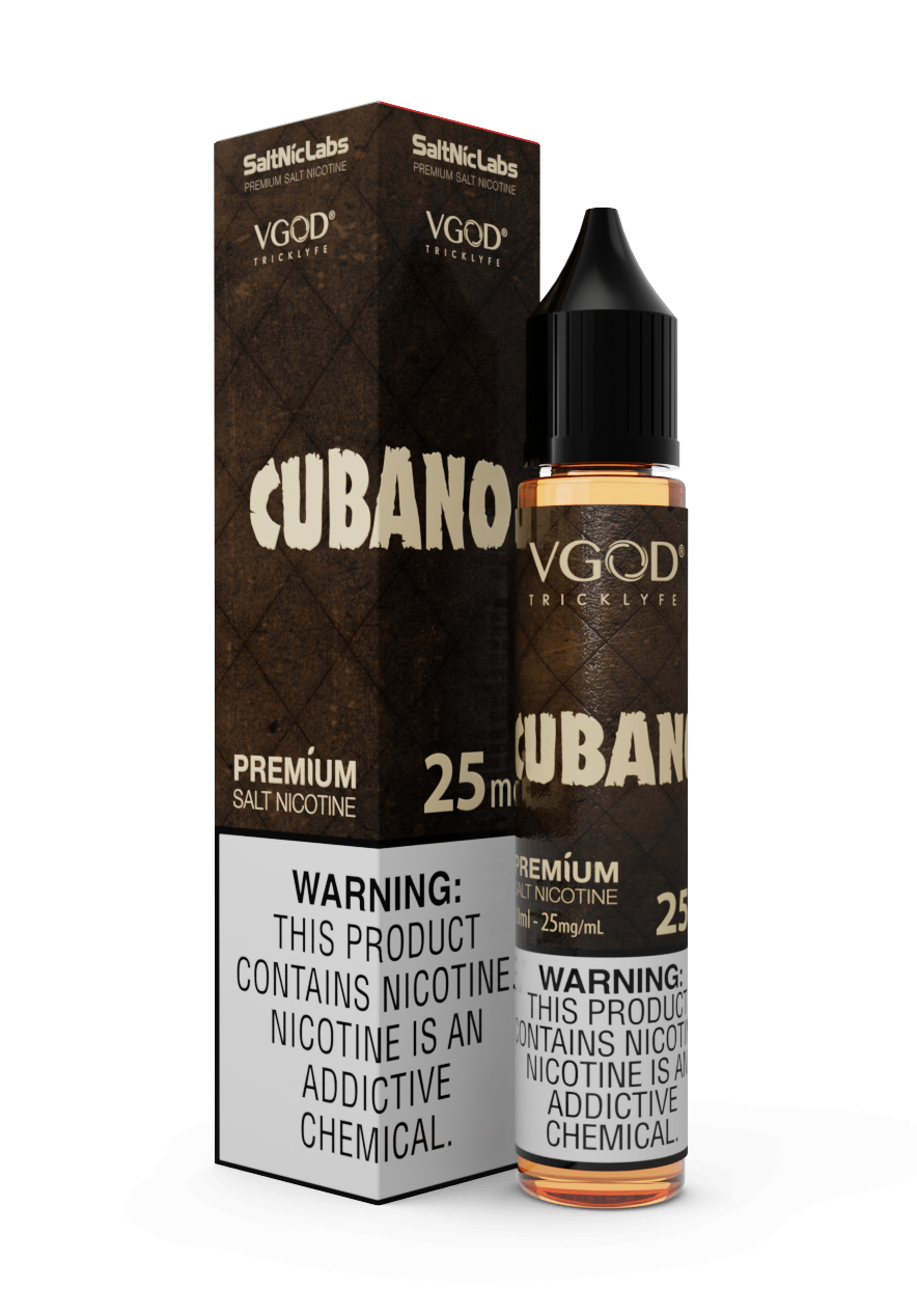 VGOD Cubano Nic Salt 30ml 25MG bottle featuring elegant design, delivering bold Cuban cigar inspired tobacco flavour with a smooth, satisfying vape finish.