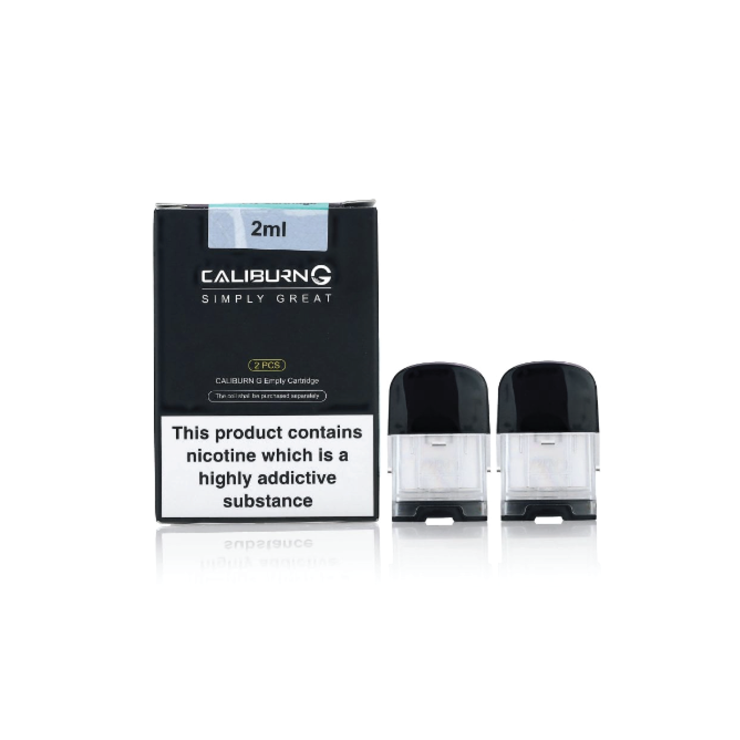 Two Uwell Caliburn G empty cartridge pods with a capacity of 2ml, displayed alongside the product packaging which contains nicotine as a highly addictive substance warning.