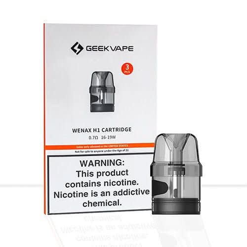 Geekvape H1 Cartridge pod with a transparent e-liquid window, alongside its packaging that indicates 0.7ohm resistance and 10-15W power range.
