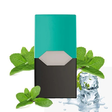 A JUUL Pod with a classic menthol flavor, depicted with mint leaves and ice cubes to suggest the taste.