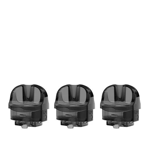 Three black Smok Nord 50 W LP2 replacement pods displayed side by side.