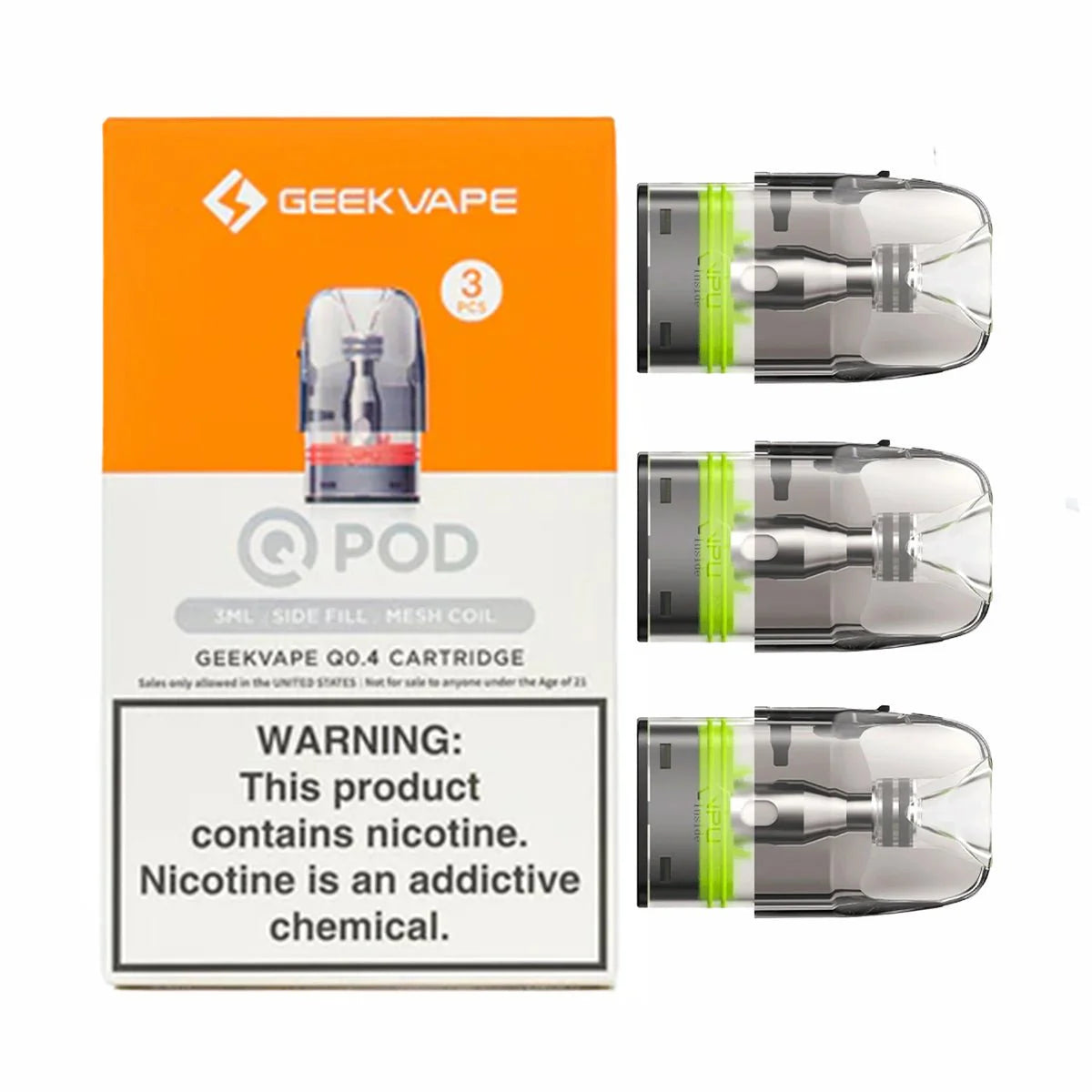 Geekvape Q Pod Cartridge 3-pack with 0.4 Ohm mesh coils 3ml capacity, side fill design, displayed with packaging and three visible replacement pods featuring green silicone seals.