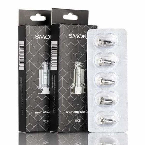 Packaging and individual coils for Smok Nord pod-based system, featuring 0.6-ohm mesh and 0.8-ohm mesh resistances.